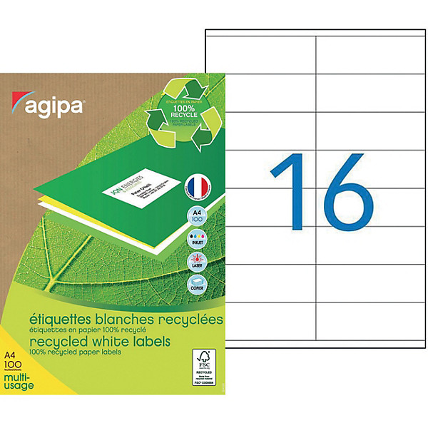 AGIPA 101189 Etiquettes blanches recyclées multi-usage 105 x 35 mm - Boîte de 1600