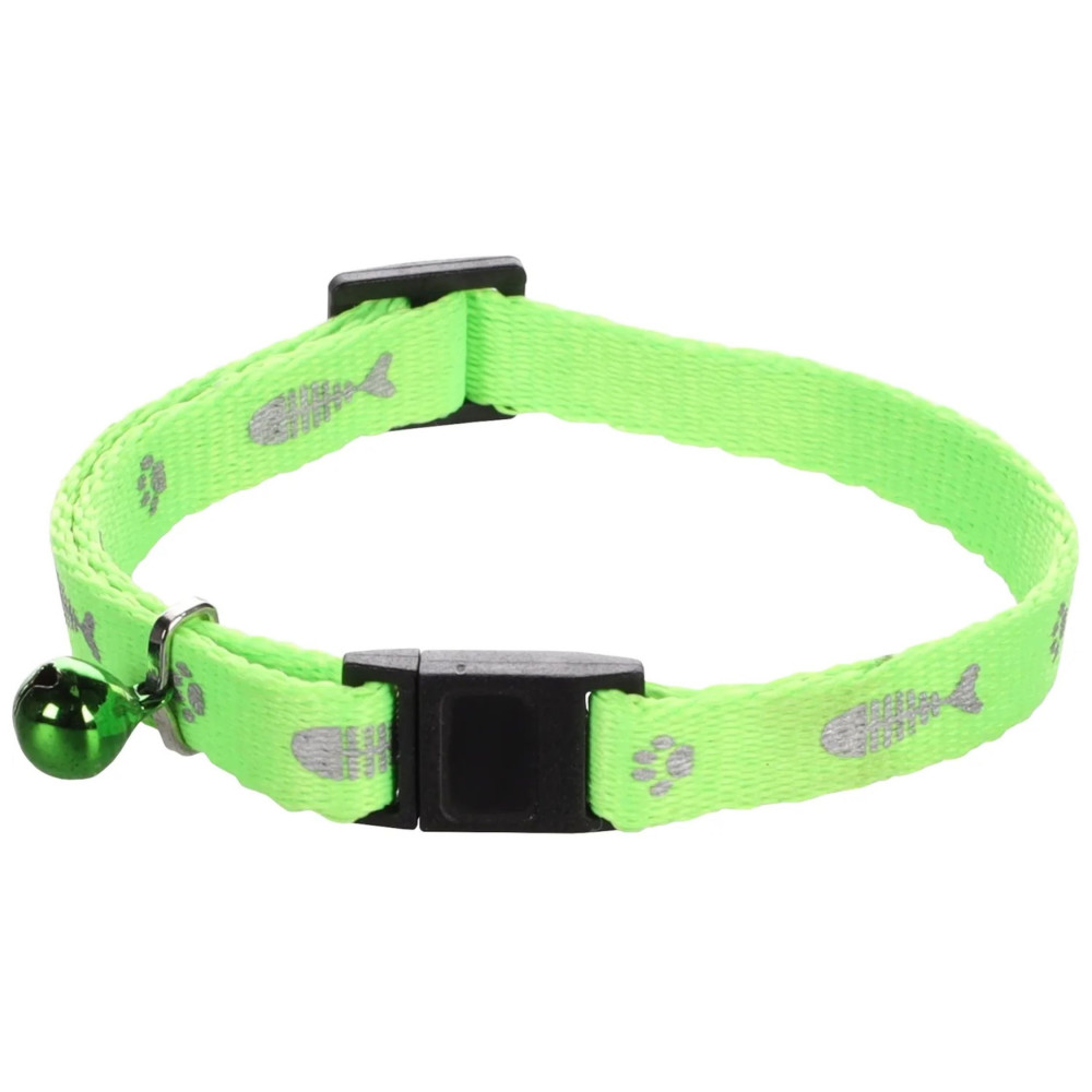 Collier réglable de 20 à 35 cm vert motif poisson + clochette pour chat