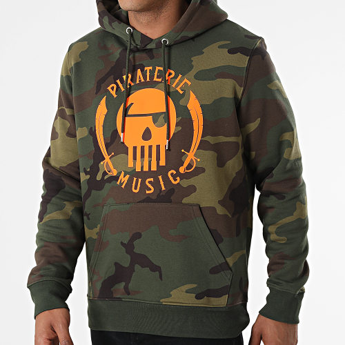Sweat Capuche Camouflage Logo Vert Kaki Orange Fluo