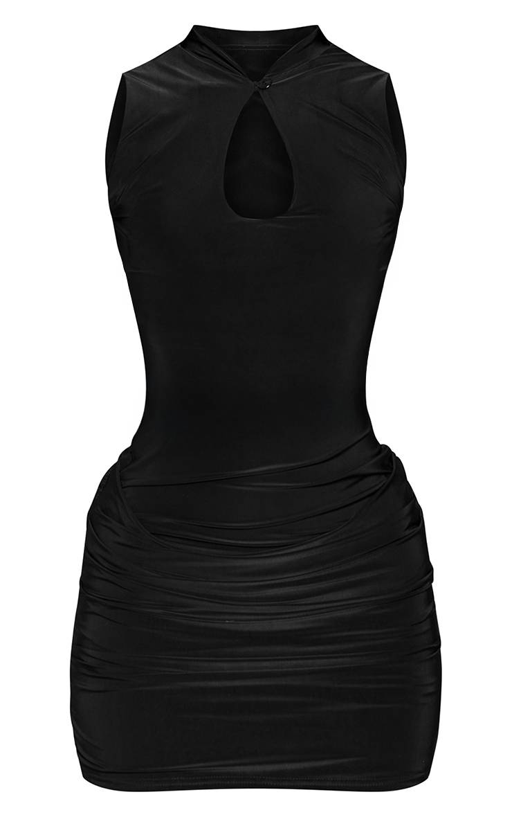 Noir Robe Mini Drapée À Double Couche En Jersey Slinky Avec Découpe Encolure