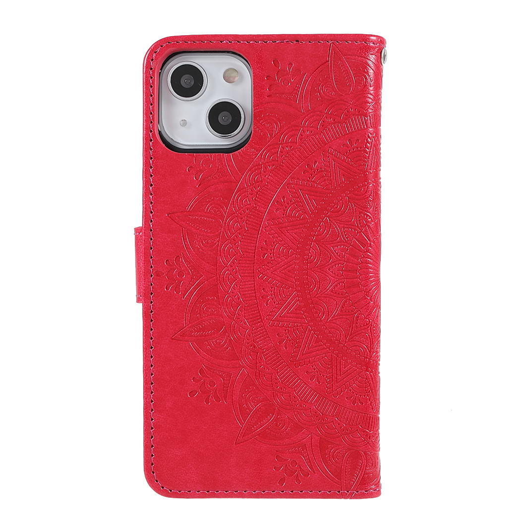 iPhone 13 Leder Tasche Wallet - Mandala Flowers Imprint - Rot / Pink