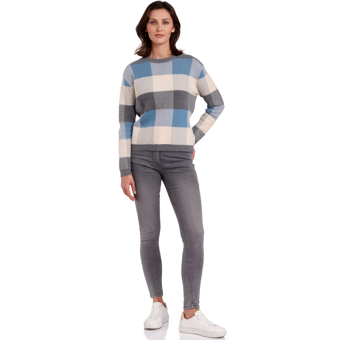 Gina Damen Strickpullover mit Karo-Muster grau / cremeweiss / blau