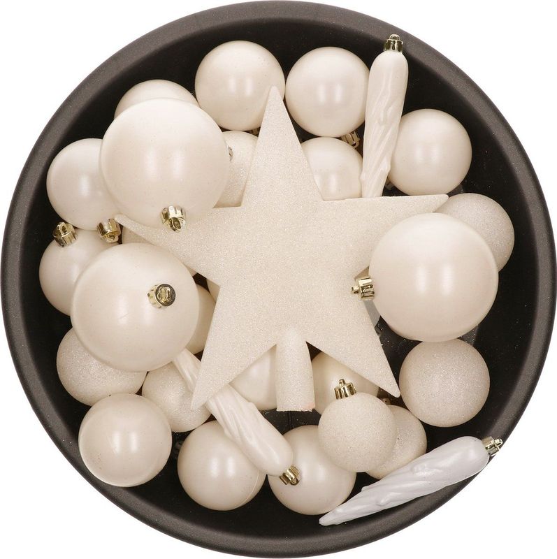 Decoris - Kerstballen Set - 34-dlg - Wol Wit - Incl. Piek - Kunststof