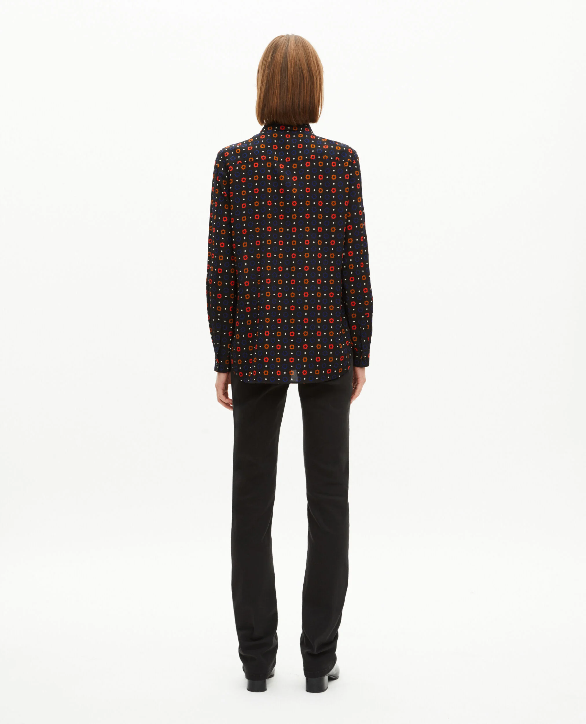 Chemise imprimée pois et fleurs en soie mélangée noire