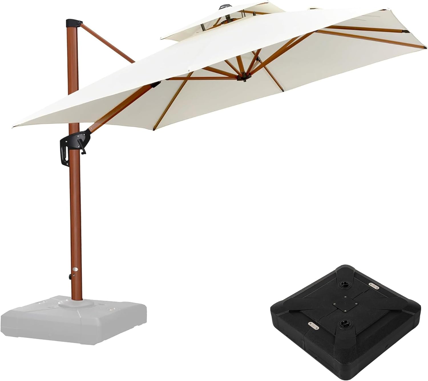 PURPLE LEAF Alu Ampelschirm Groß 270 x 270 cm Holzoptik Doppeldach Sonnenschirm mit schirmständer Gartenschirm mit Kurbel 360° Drehbar XXL, Sonnenschutz UV50+, Cream