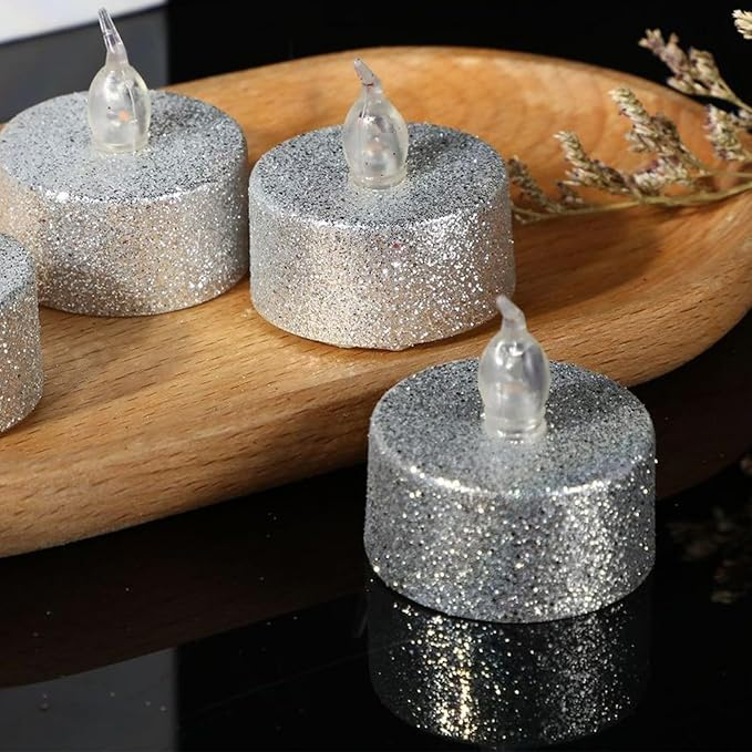 (24er Set) LED Glitzer Teelichter Deko Kerzen Home Stimmungsleuchte (inkl. LR41 Batterien) - Warmweiss / Silber