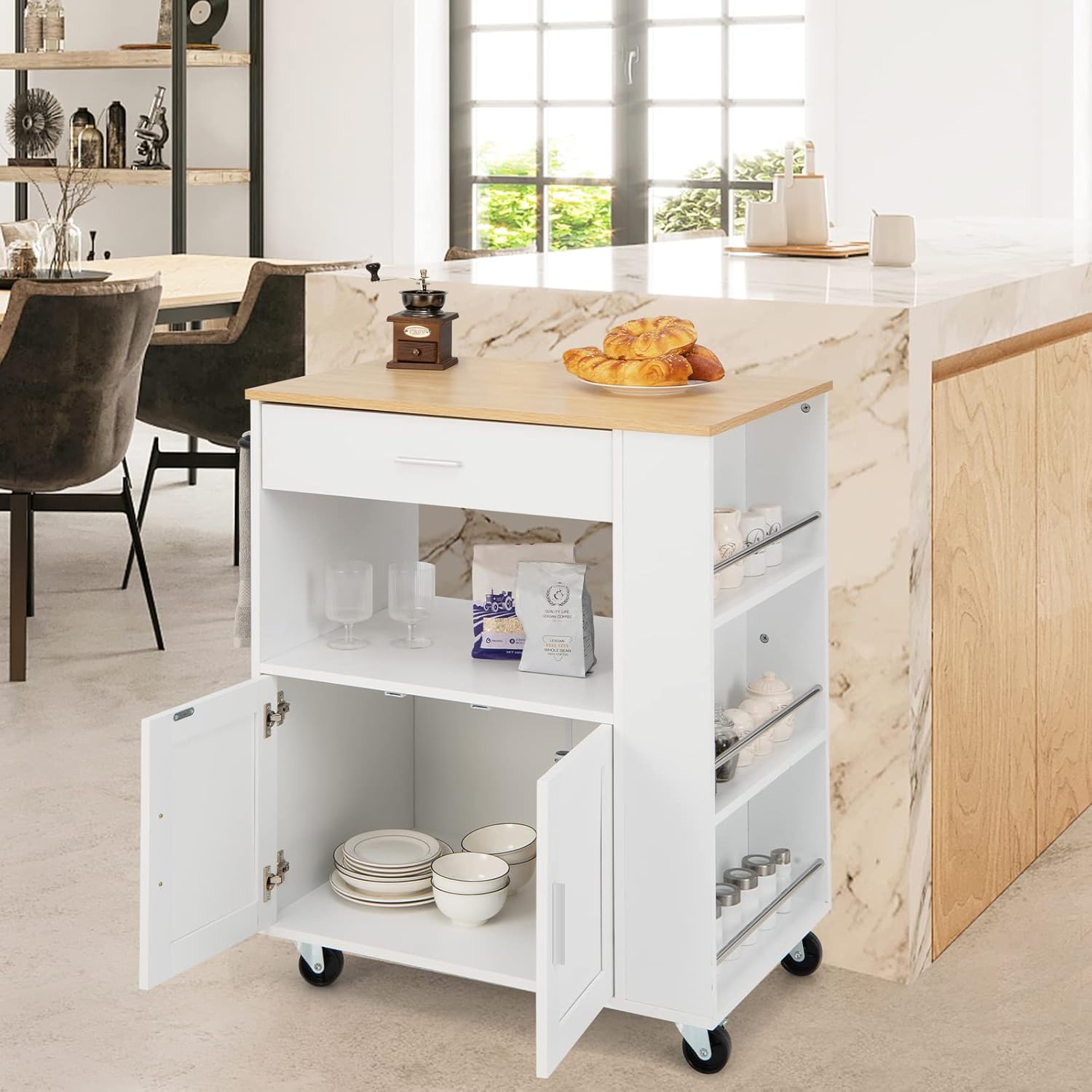 GIANTEX Desserte de Cuisine à roulettes, Chariot de Rangement avec Compartiment Ouvert pour Micro-Ondes, Tiroir, Placard avec 2 Portes, Porte-Épices à 3 Niveaux, Blanc IV5272882