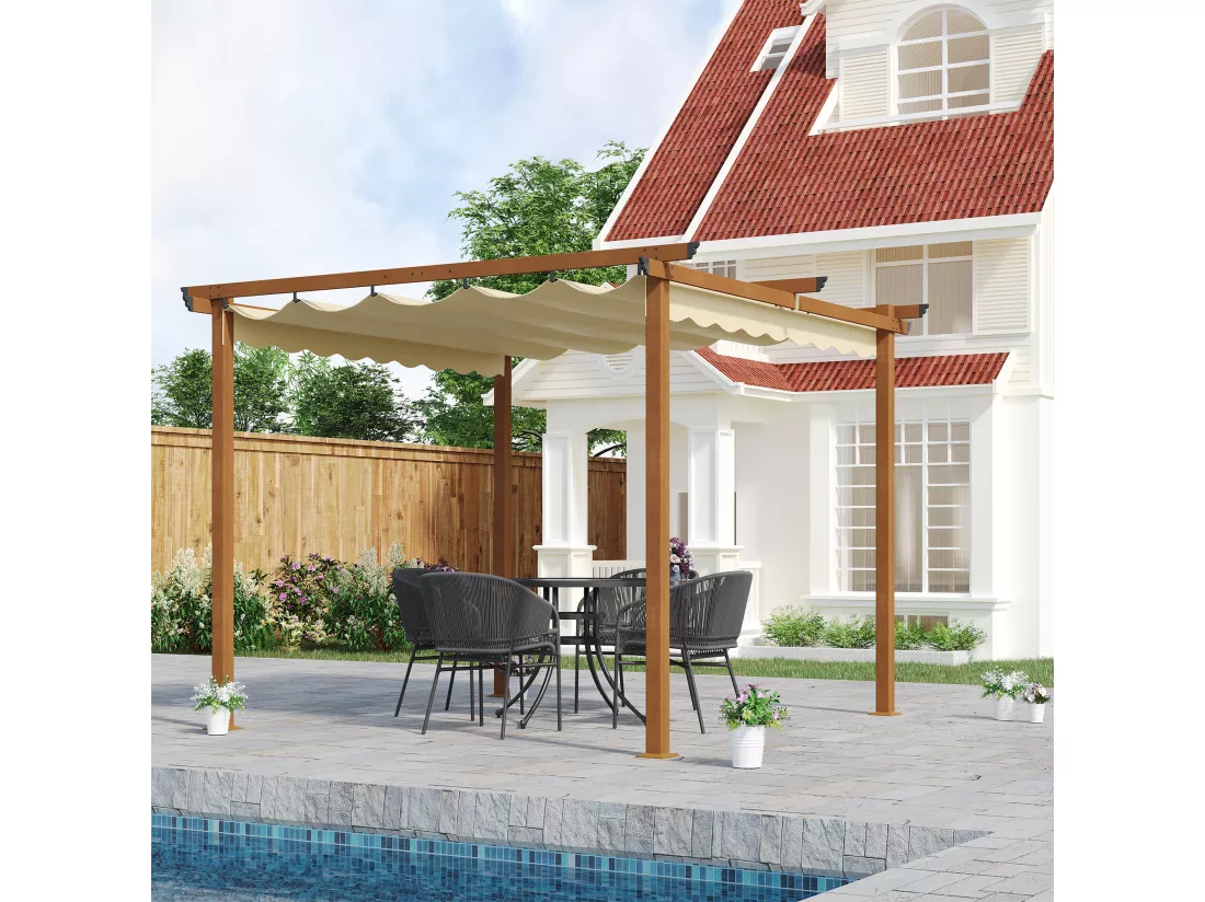 Pergola rétractable 3L x 3l x 2,25H m structure alu. aspect bois toile polyester haute densité beige