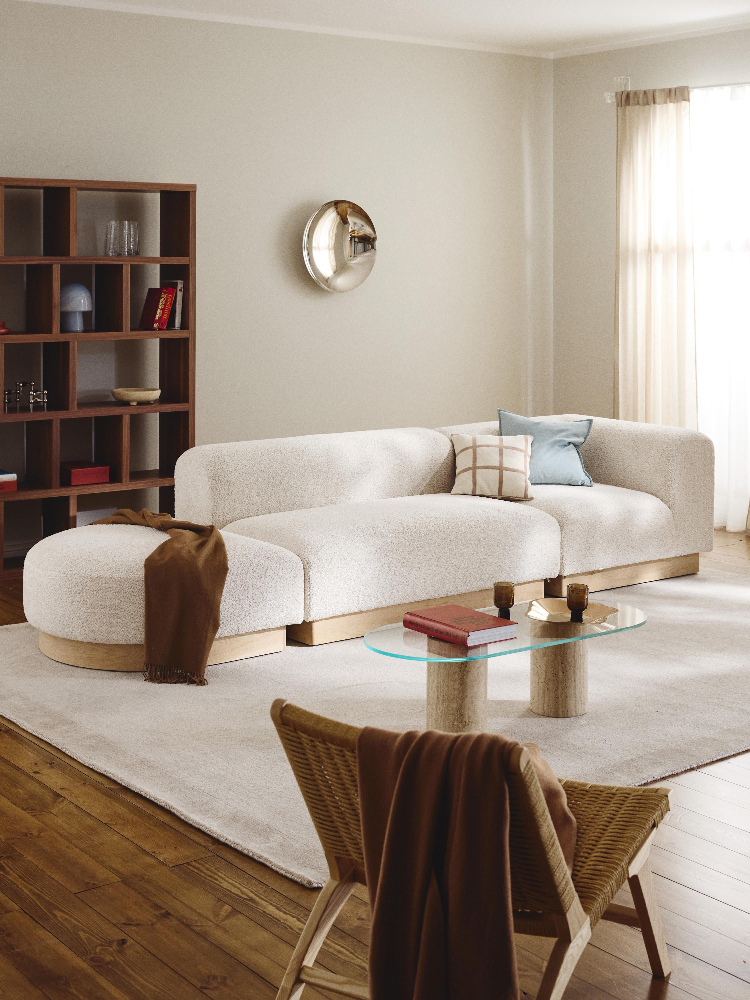 Modulaire chaise longue Natalie van teddy-bouclé met poef (links/rechts)