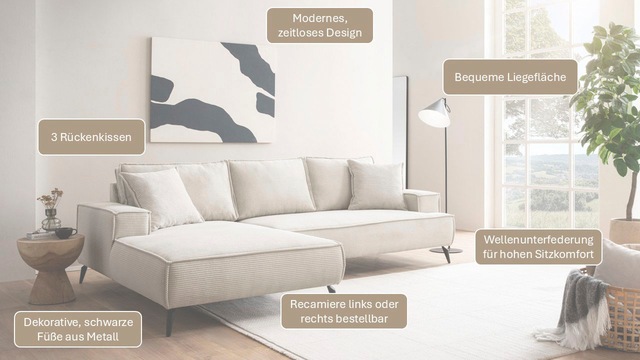 Home affaire Ecksofa »TVINNU, L-Form, 275cm, in Cord und Leinenoptik« wahlweise Recamiere rechts/links, schwarze Füsse, bequemer Sitzkomfort