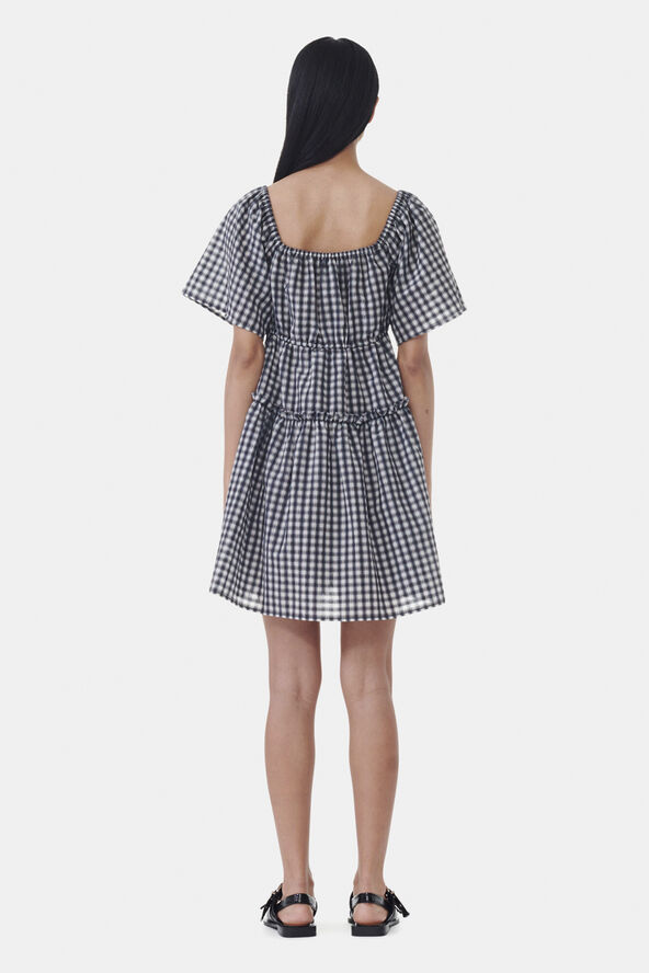 Ganni Seersucker Check Mini Layer Dress Egret
