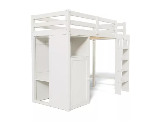 Lit mezzanine 90x200 cm en bois de pin - avec armoire et étagères - Blanc