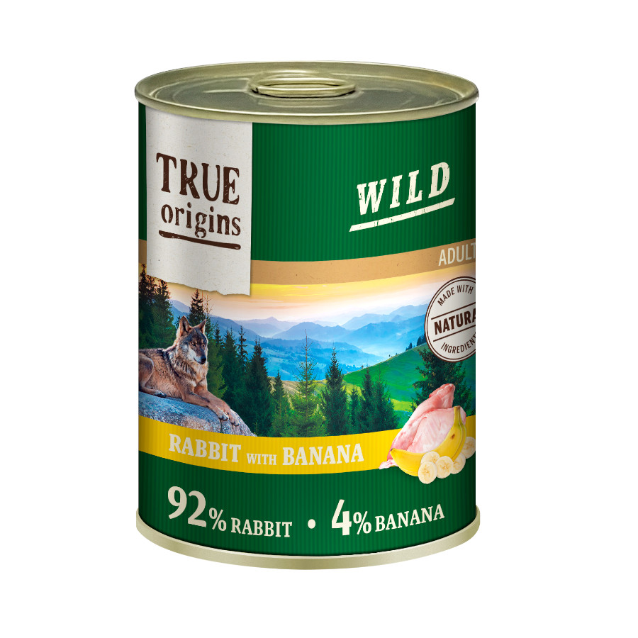 Ração True Origins Wild Adult de 400g com sabor de coelho e banana para cães.