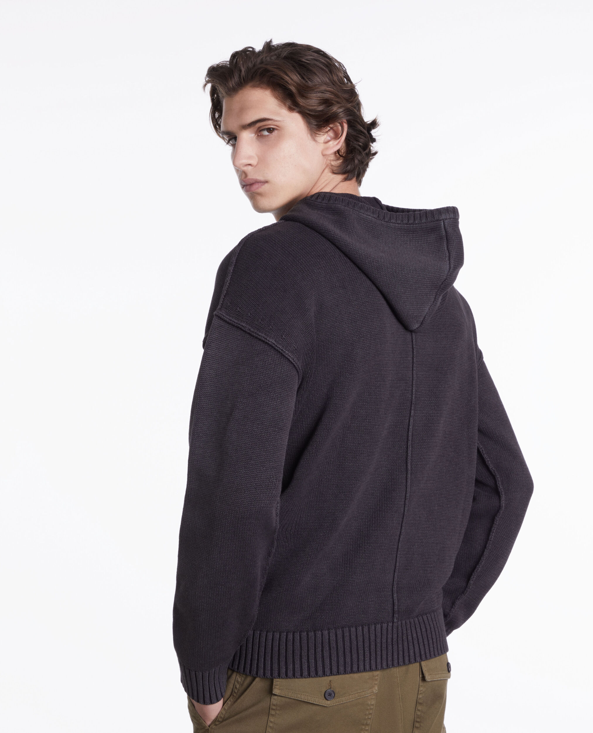 Pull noir à capuche en coton et laine