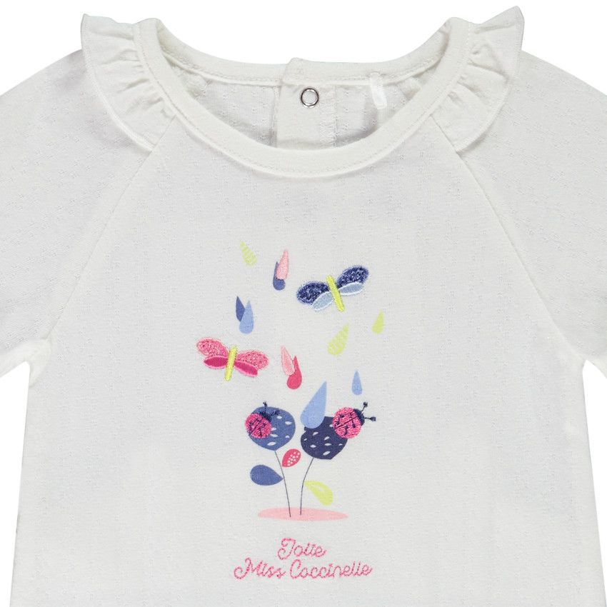 Dors-bien en jersey fantaisie avec broderies et print pour bébé fille - Ecru