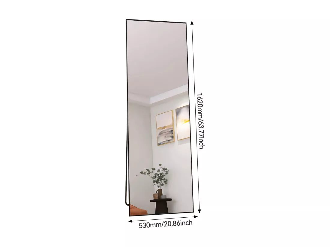 Miroir pleine longueur 162 x 53 cm, sur pied, suspendu ou appuyé, grand miroir de sol avec cadre en alliage d'aluminium noir pour salon ou chambre à coucher, rectangulaire