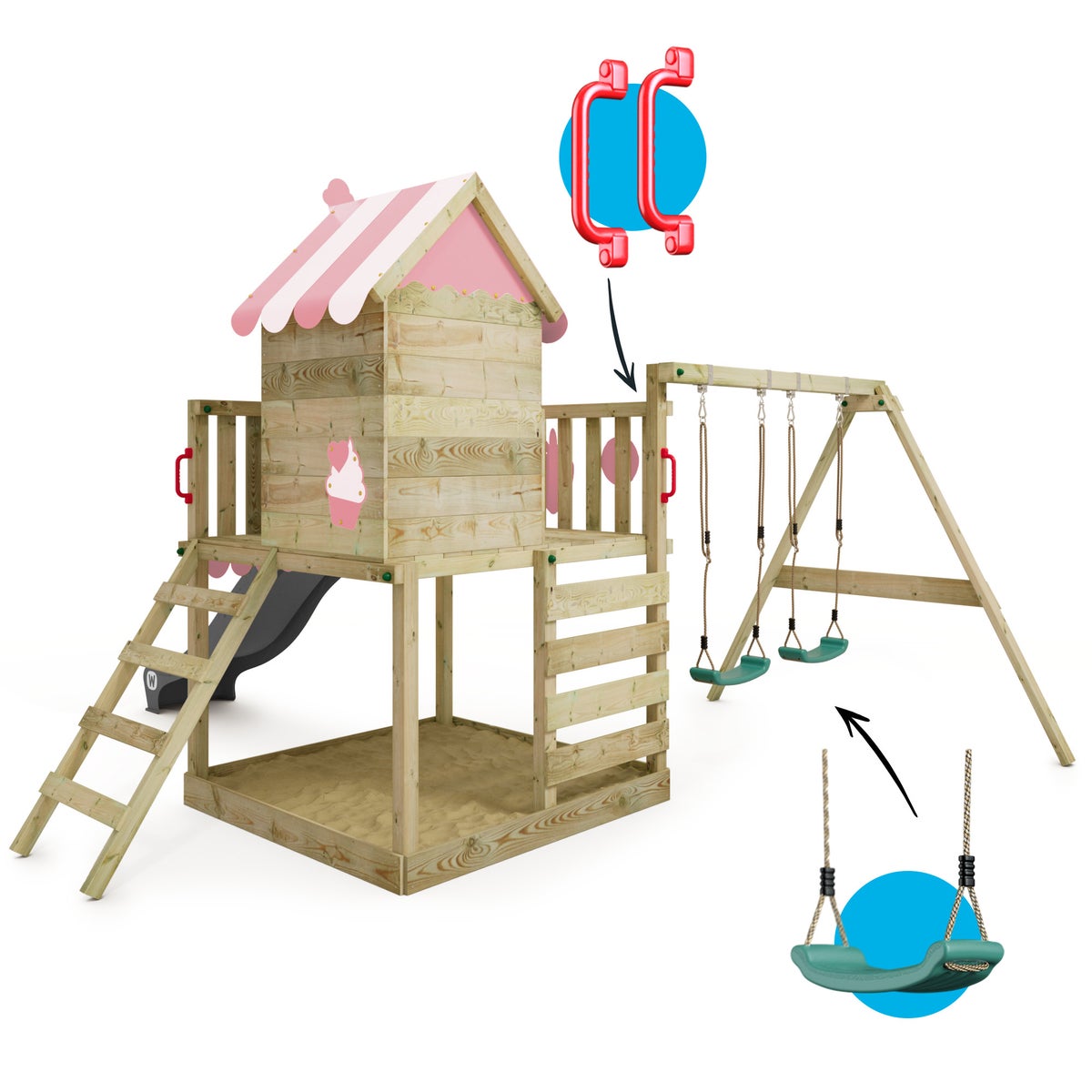 WICKEY Smart Candy speeltoren klimtoestel met schommel en glijbaan, boomhut met zandbak, klimladder en speelaccessoires – antraciet