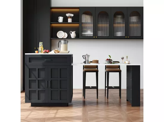 Table de bar extensible 133-202cm avec rangement 2 tiroirs 4 compartiments îlot cuisine repas 2-6 personnes noir