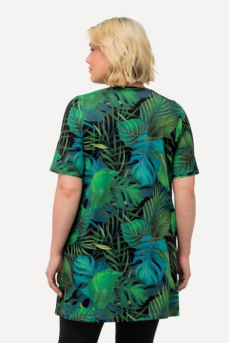 Longshirt, Blätter, A-Linie, V-Ausschnitt, Halbarm