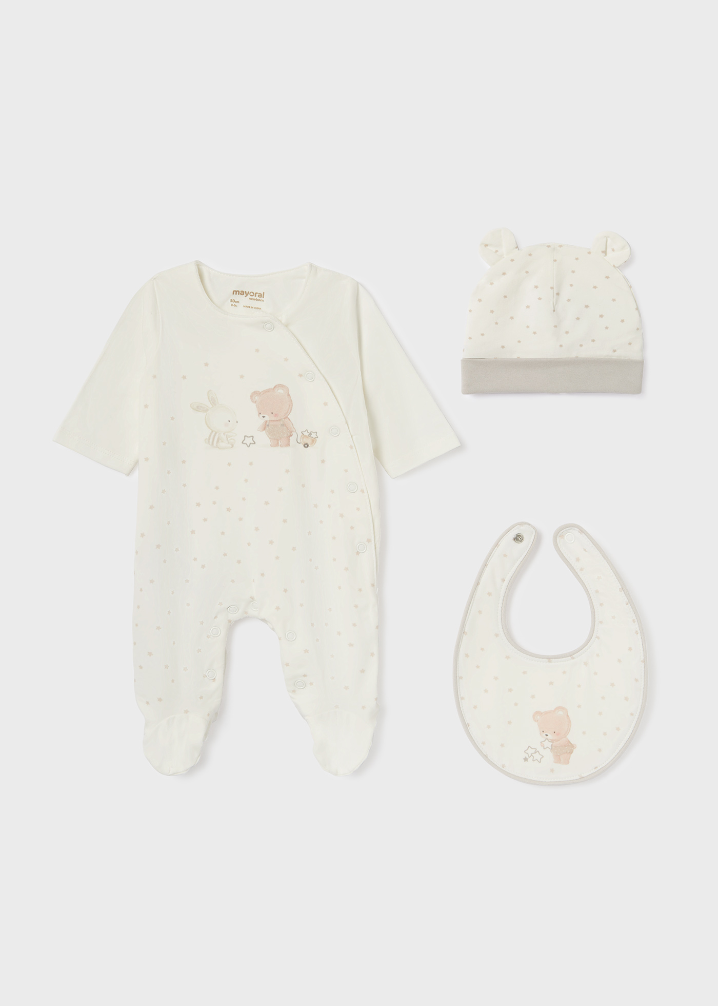 Conjunto de 3 peças em algodão sustentável para recém-nascidos.