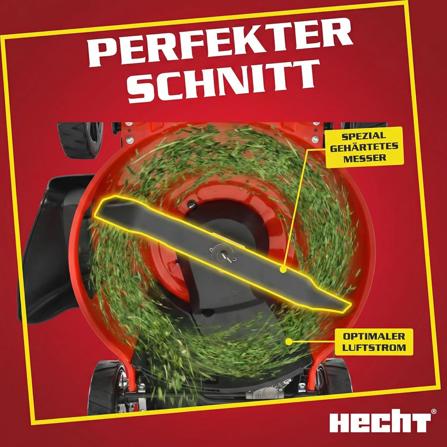 HECHT 5-IN-1 Benzin Rasenmäher – leistungsstarker 4 Takt Eco Motor 4,4 kW (6,0 PS) – Seilzug Starter – mit 53 cm Schnittbreite – 75 l Fangkorb – Radantrieb – patentierte Räder – EasyClean – Mulchmäher