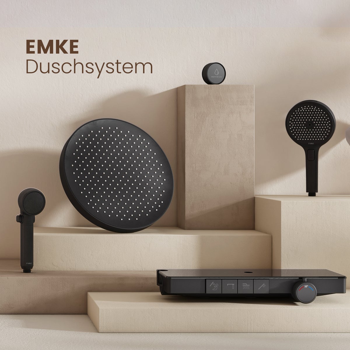 EMKE 3-in-1 Douchesysteem Regendoucheset met Hoofddouche, Handdouche en Kraan, Moderne Douchegarnituurset voor Badkamer, Zwart
