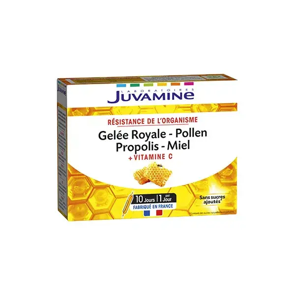 Juvamine Geleia Real, pólen, própolis, mel, vitamina C, 10 ampolas x 10 ml