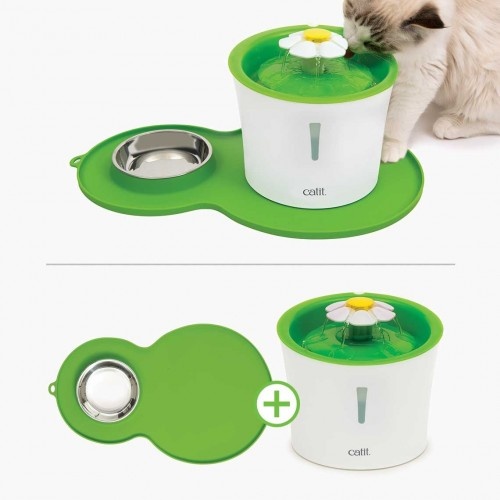 Bebedouro e tapete combinados com comedouro, verde