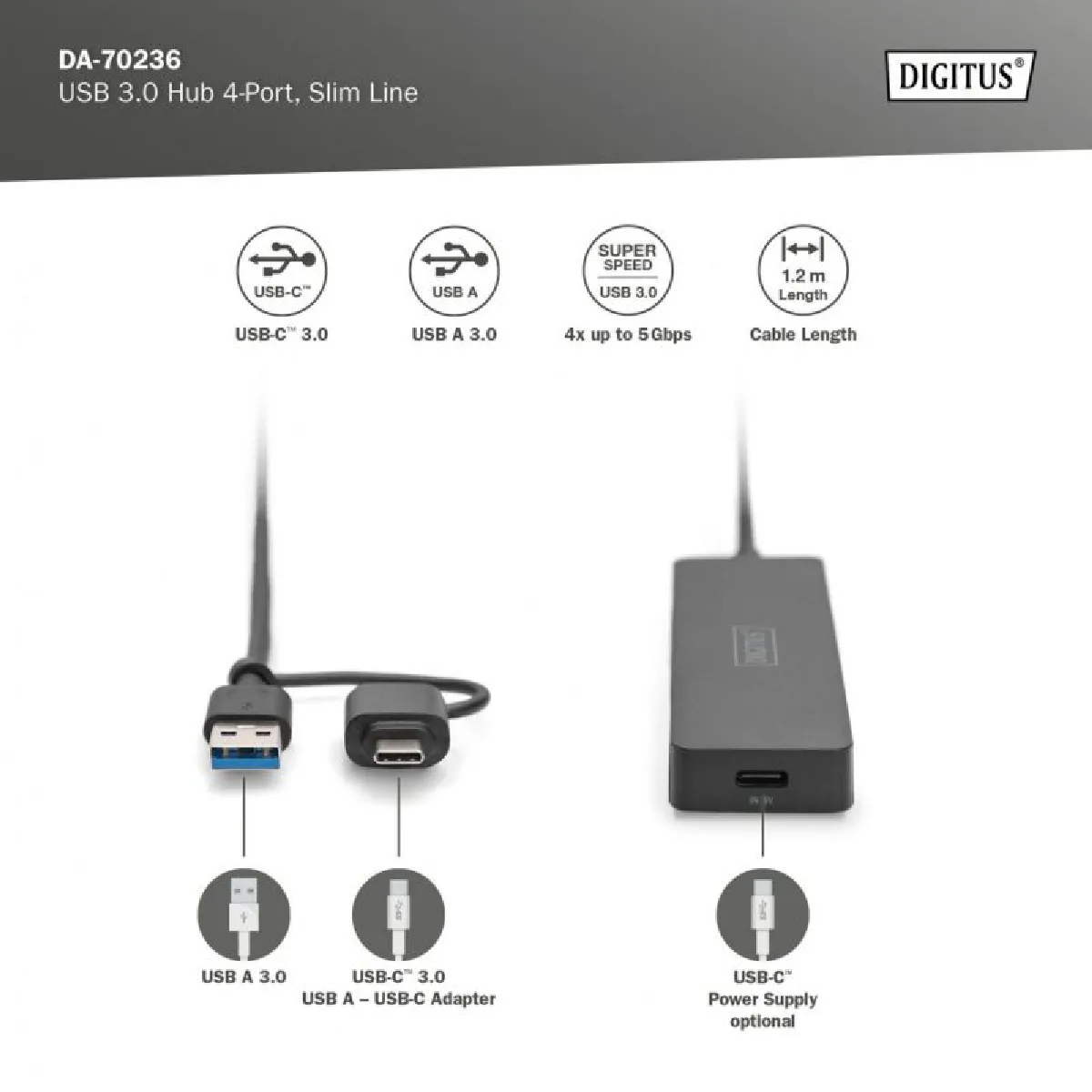 DIGITUS Slim Line 4 Port USB 3.0 Hub - Noir