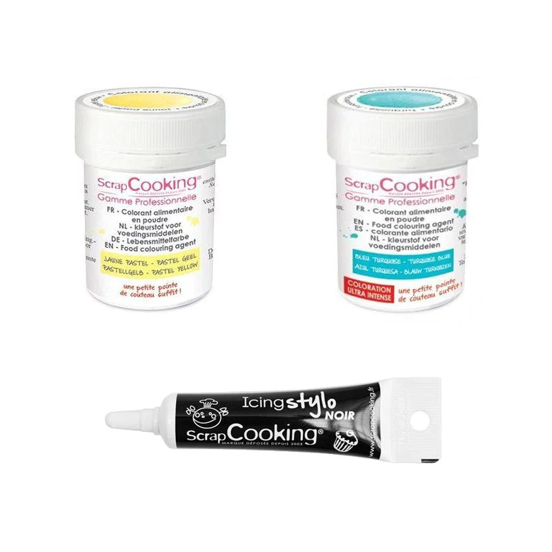 2 colorants alimentaires turquoise-jaune pastel + Stylo glaçage noir S