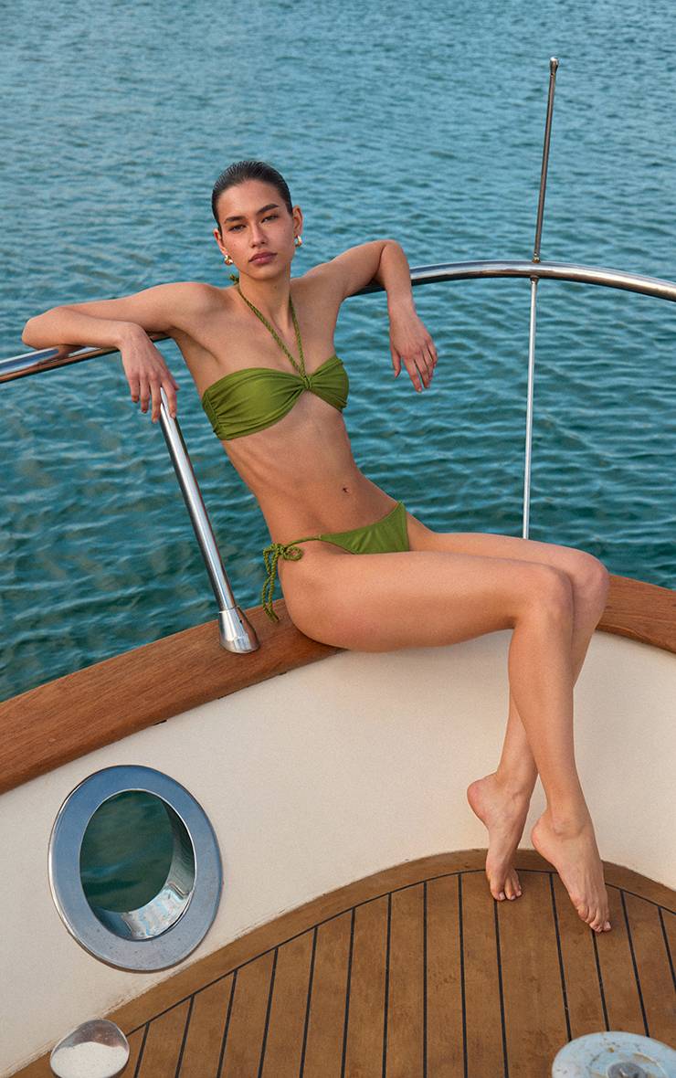 Vert Olive Bas De Bikini À Liens Latéraux Et Bretelles Torsadées