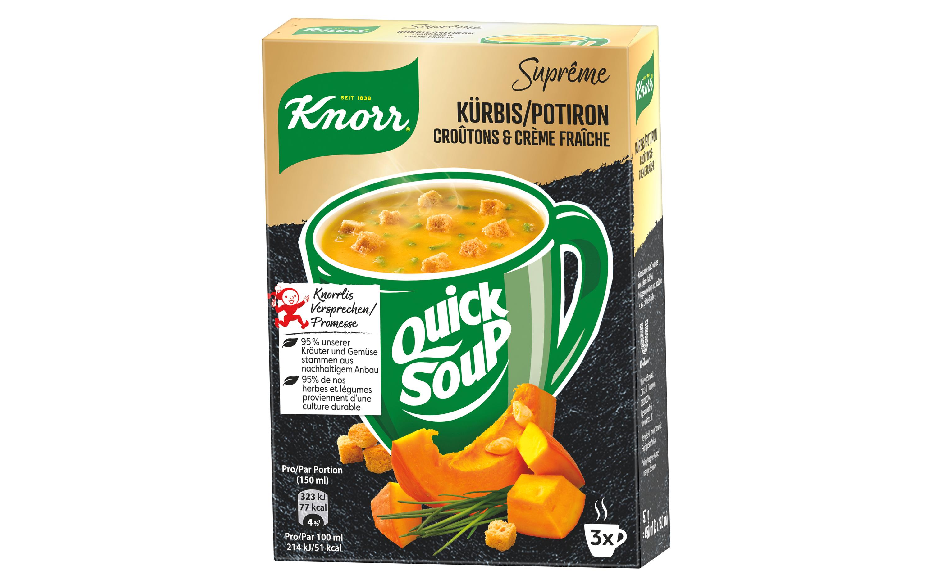 Quick Soup Kürbis, Croûtons und Crème Fraiche 3 PortionenKürbissuppe mit Croûtons und Crème fraîche