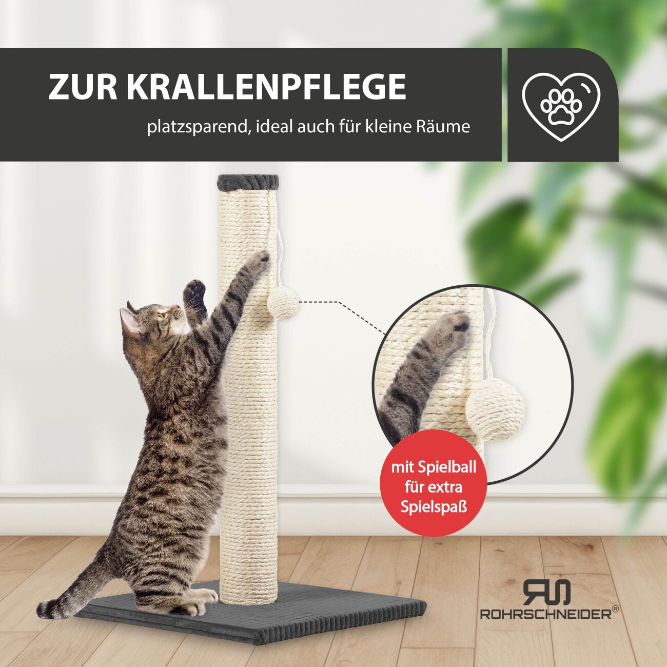 Rohrschneider ® Kratzbaum L, mit Katzenspielzeug, Bodenplatte mit Cordbezug dunkelgrau 36 cm, 64 cm, 36 cm