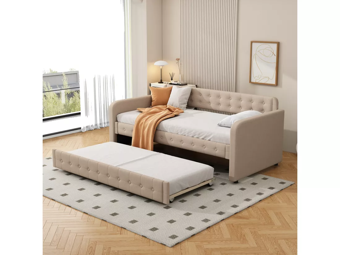 Canapé lit gigogne - 90 x 200 cm - grand espace de rangement - MDF - Marron