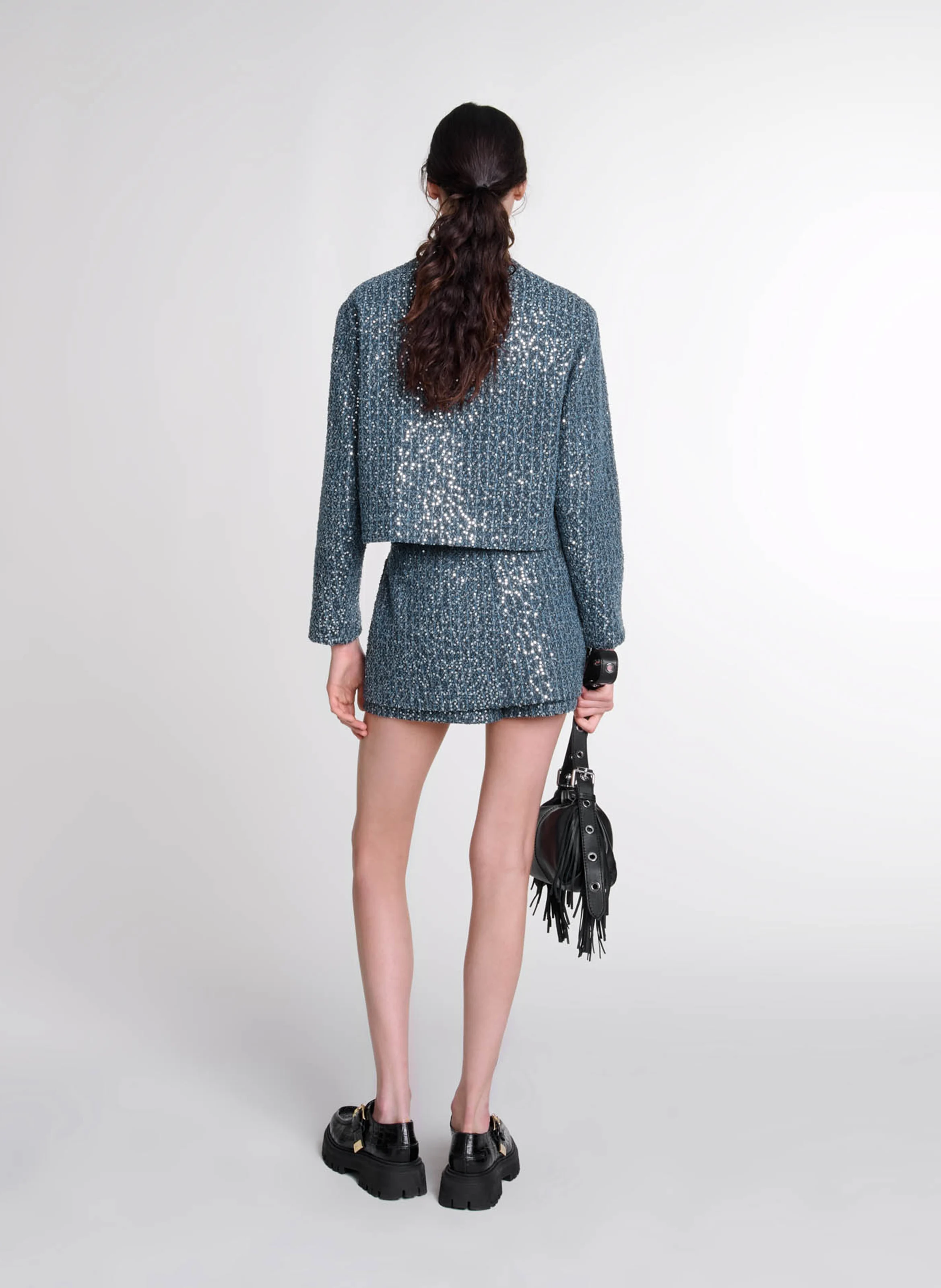 Veste courte effet tweed à sequins | Bleu