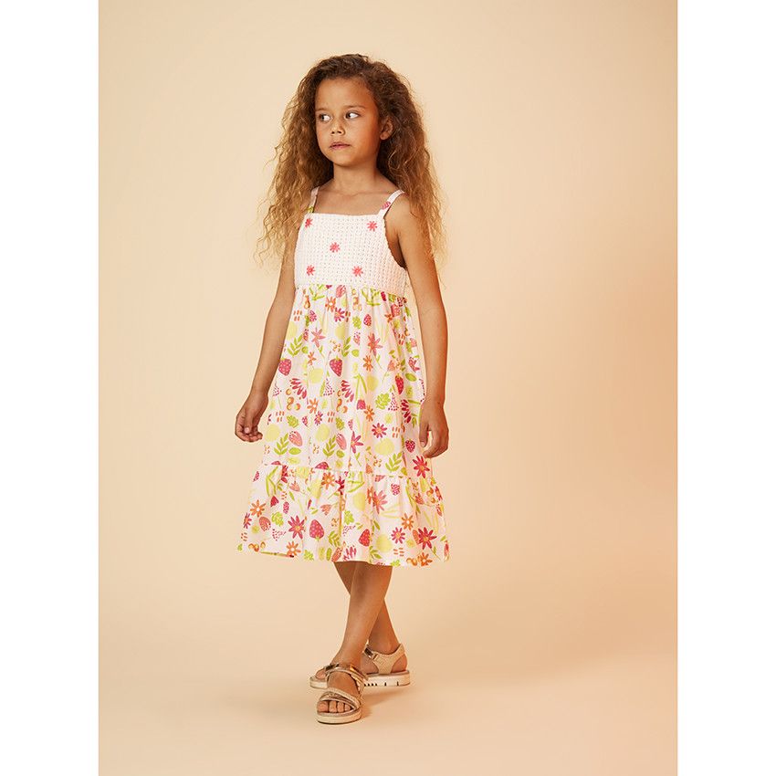 Robe à bretelles en crochet et voile imprimé fleurs pour fille - Blanc