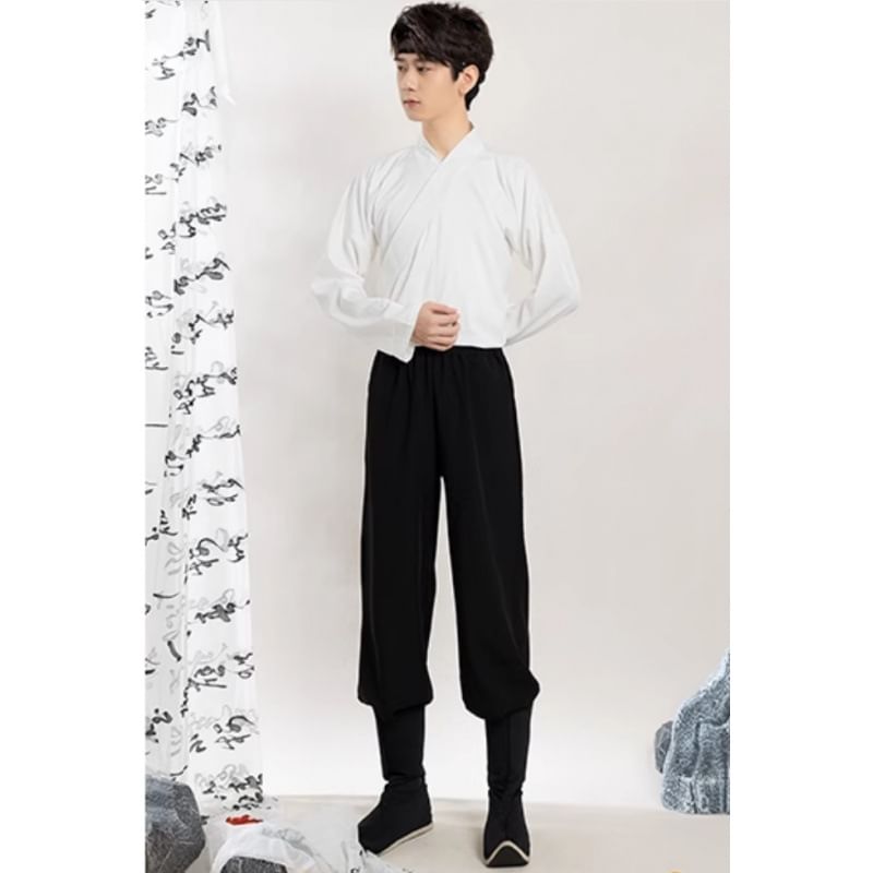 Tangier - Effen Hanfu-top met lange mouwen / Losse broek / Geborduurde gewaad / Sjerp / Polsmanchet / Set