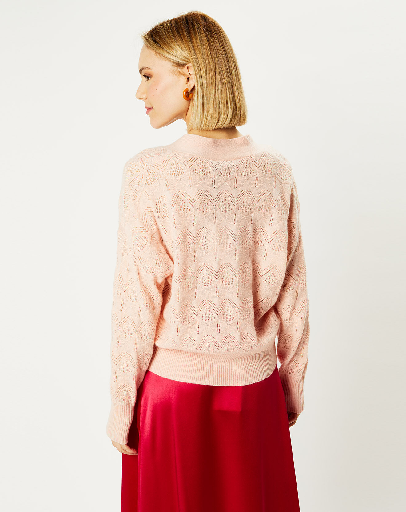 Galeries Lafayette Cardigan en Laine & Cachemire Fabiola ajouré col V rose clair