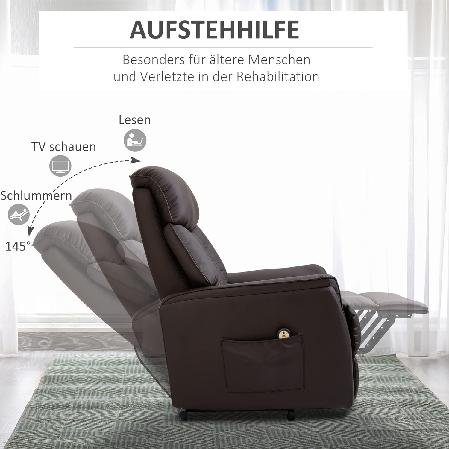 HOMCOM Relaxsessel Elektrisch Fernsehsessel mit Aufstehhilfe, Liegefunktion, TV Sessel mit Fußteil, Seitentasche, Fernbedienung, für Wohnzimmer, bis 150 kg, Kunstleder, Braun