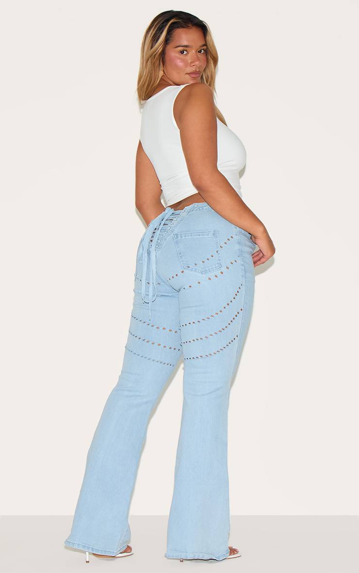 Light Blue Wash Jean Évasé En Denim Shape Avec Laçage Au Dos