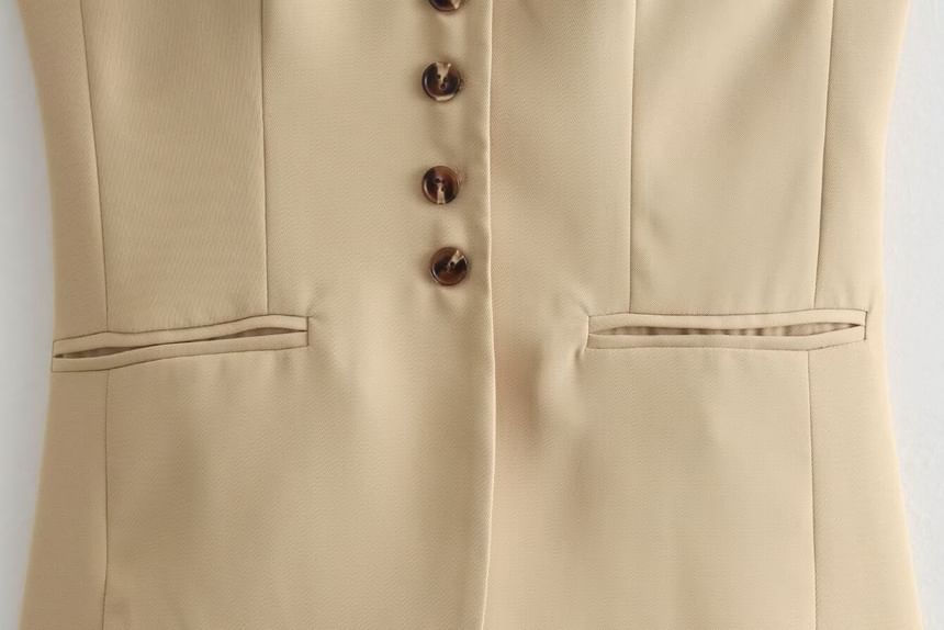 Sensarra - V-hals effen knoopvest / elastische tailleband midi A-lijn rok / set
