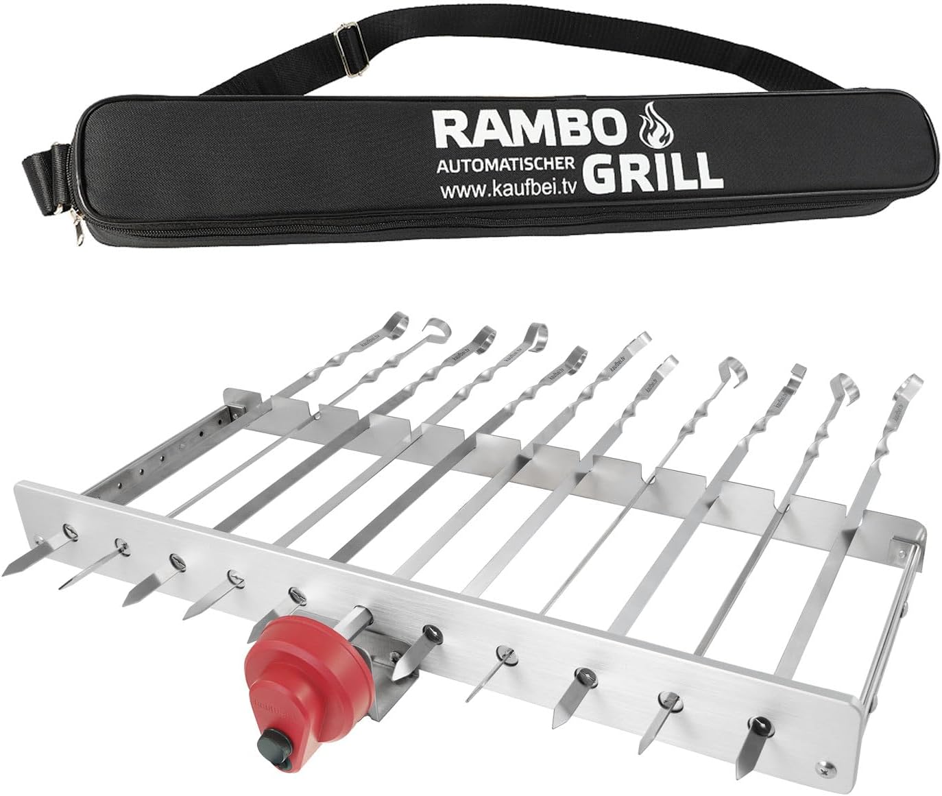 BEM Rambo Mangal Schaschlikgrill, Grillset mit Zubehör inkl. Powerbank + Motor, Elektrisch, Edelstahl, Klappbar, Holzkohlegrill mit Spießen
