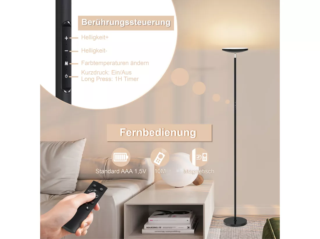 Anten Lampadaire Noir | 30 W à intensité variable avec télécommande | 3 couleurs de lumièr |Luminosité réglable en continu pour salon bureau