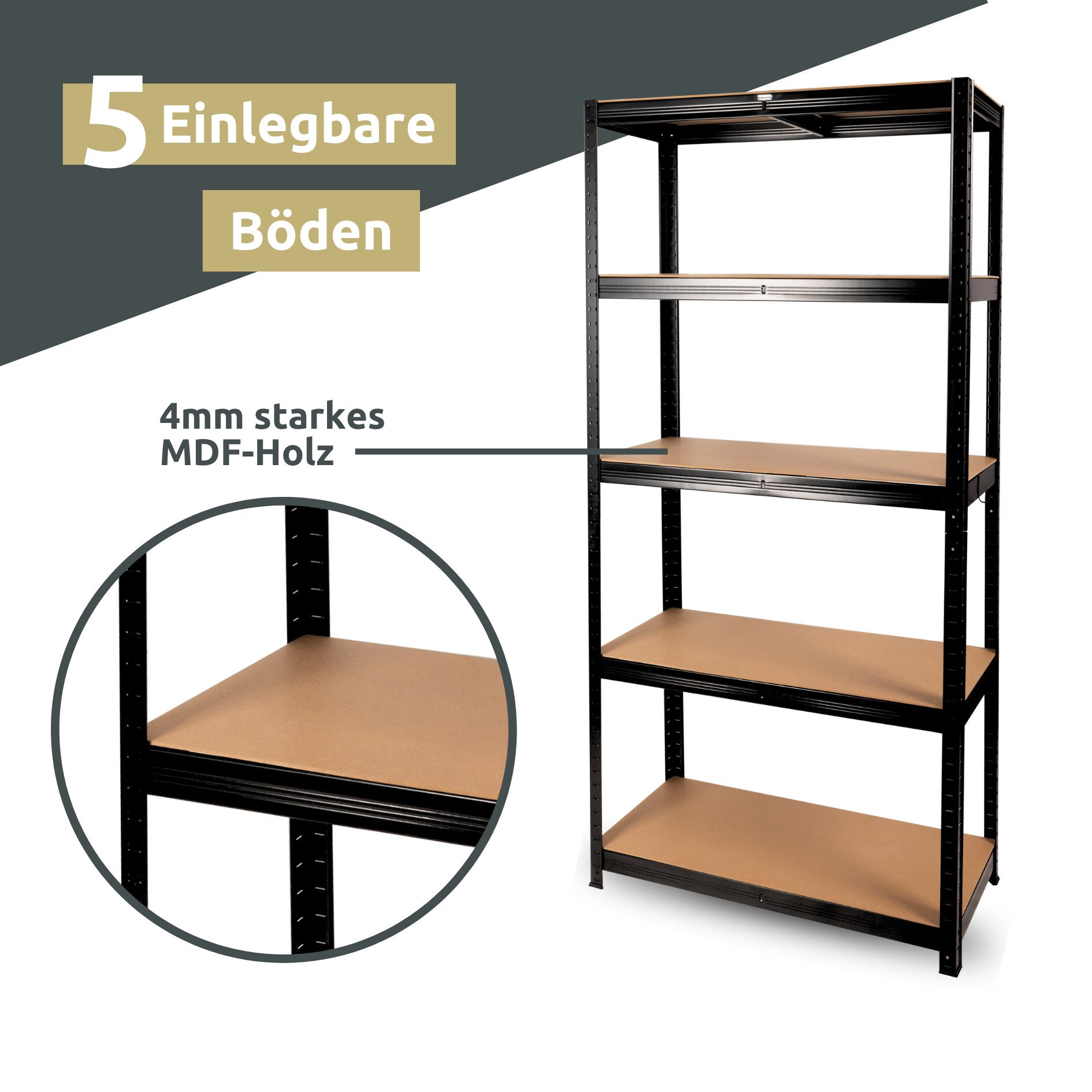 deluxe4home® Schwerlastregal 90x40x180cm I belastbar bis 875kg I 5 Ablagen + Haken | Schwarz