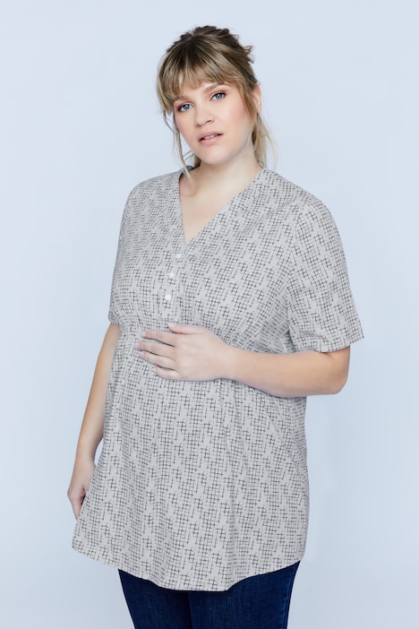 Bellieva-Bluse, Tunikaausschnitt, Knopfleiste, Halbarm, Biobaumwolle, GOTS