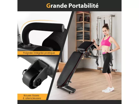 Banc de Musculation Dossier Réglable 10 Positions, Banc pour Entraînement Complet du Corps en Métal Charge 300KG avec 2 Roues, Idéal pour Développé Couché et Abdominaux