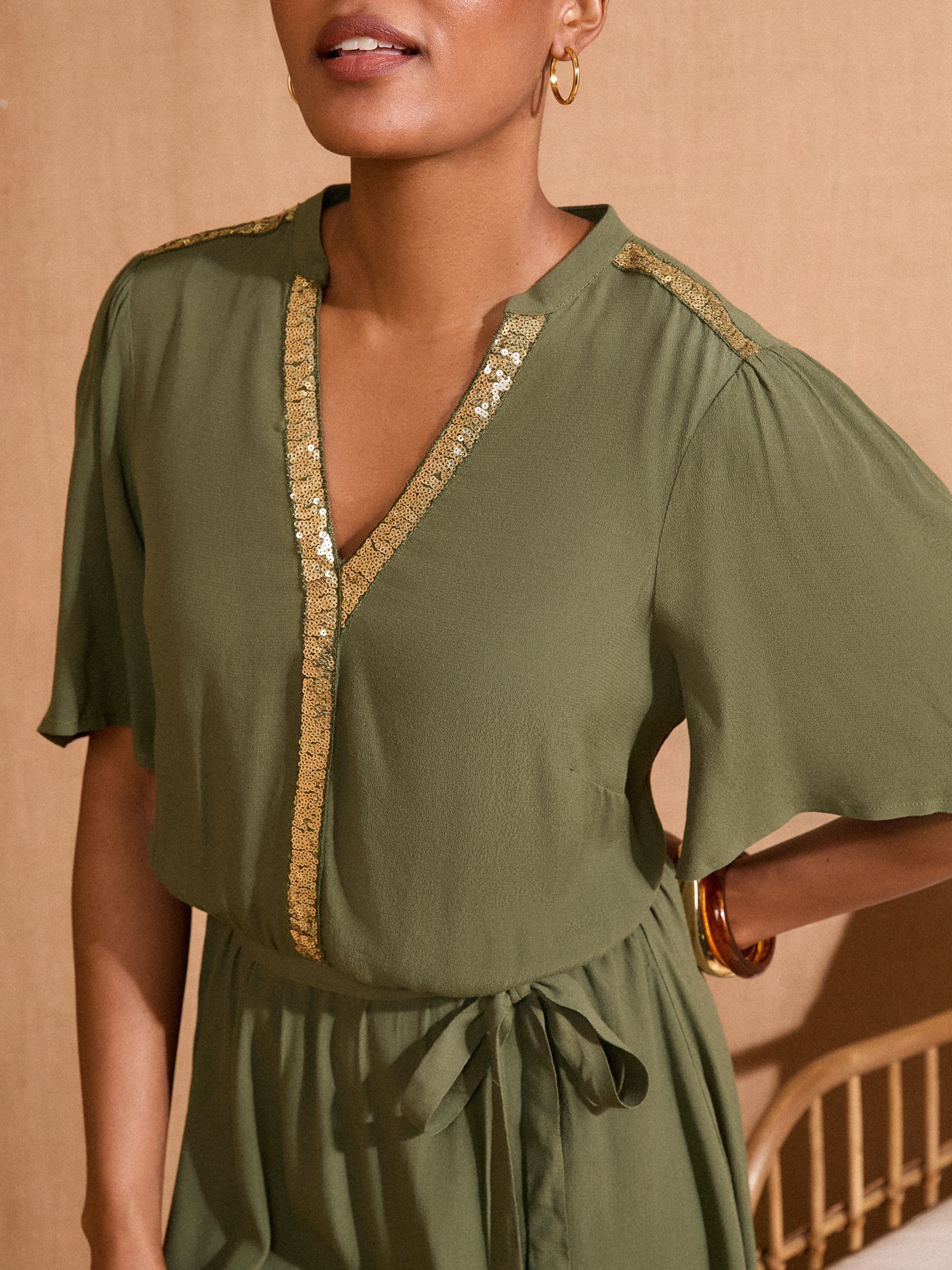Love & Roses Sequin Trim Belted Short Sleeve Mini Dress