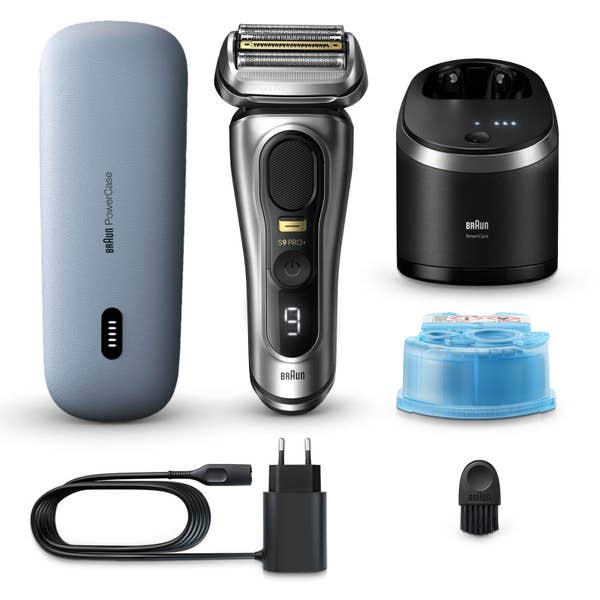 Braun Series 9 Pro+ Elektrorasierer, Reinigungsstation, Rasierer-Ladeetui (PowerCase), Wet & Dry, 9577cc, Silber