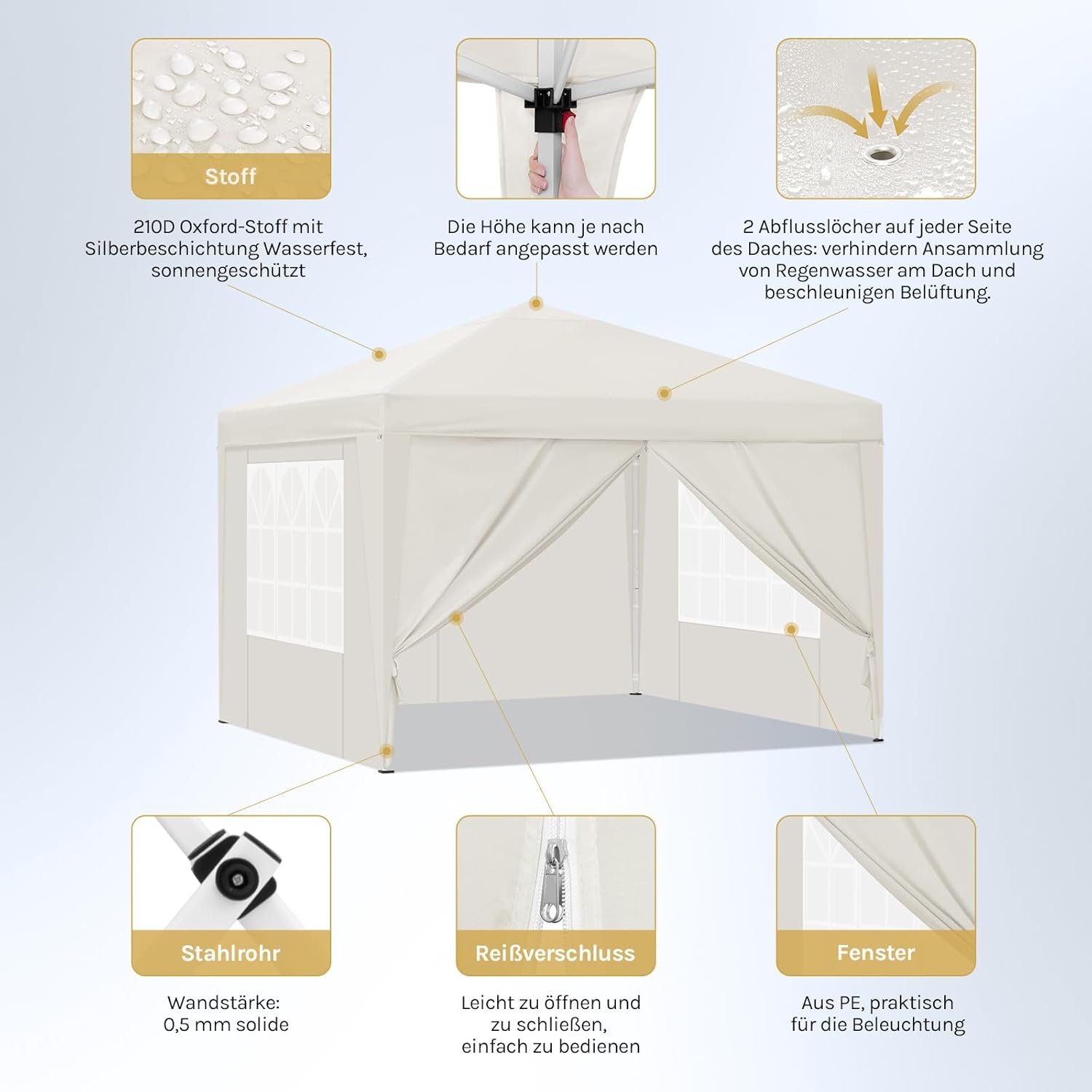 Laneetal Pavillon 3x3 m faltbar, Pop-Up Faltpavillon wasserfest Winterfest, Grillpavillon stabil, Gartenpavillon mit Seitenwänden Fenstern Tasche, für Camping Strand Garten, Beige