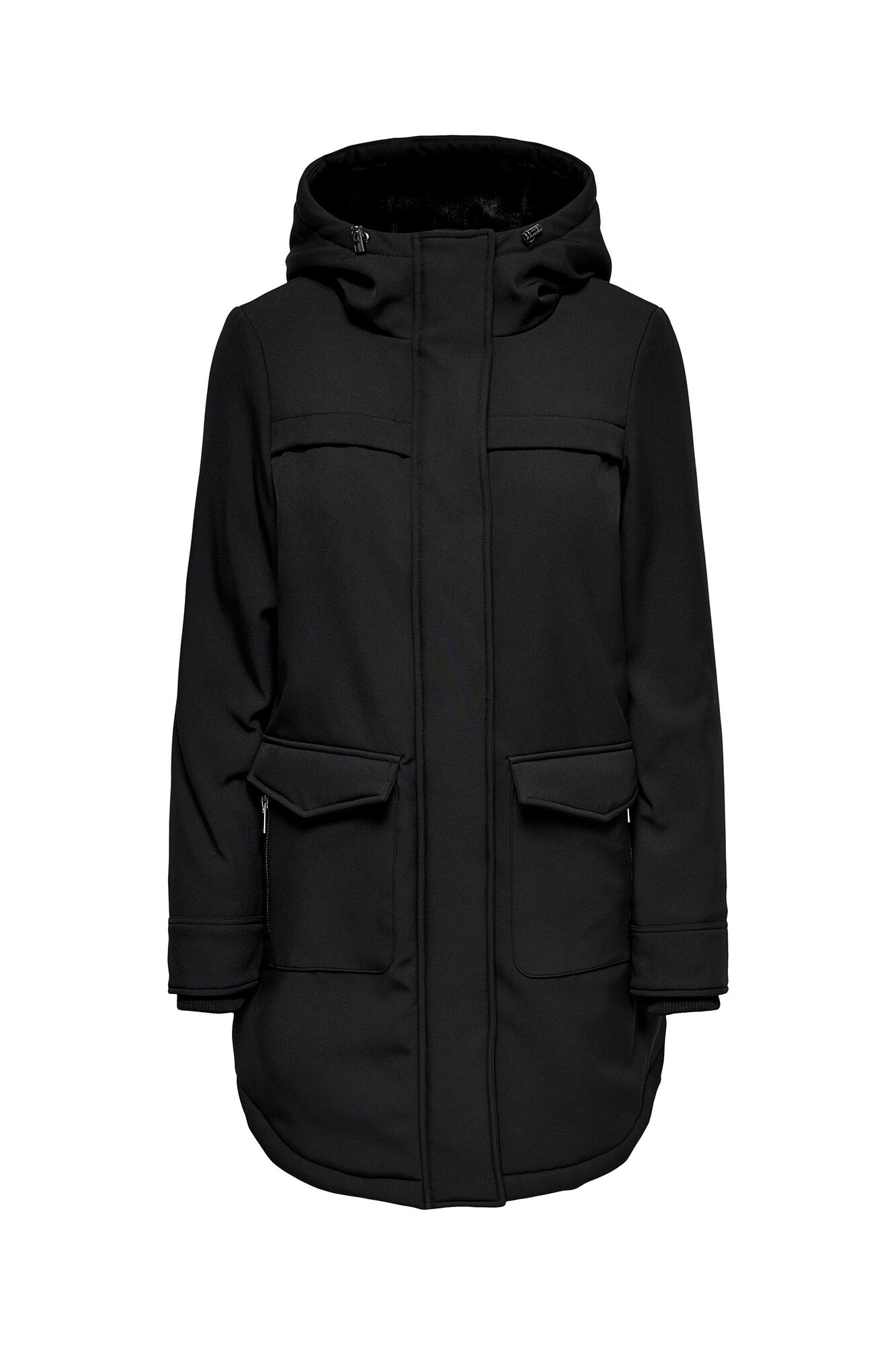 Parka de comprimento 3/4 com capuz e bolsos.
